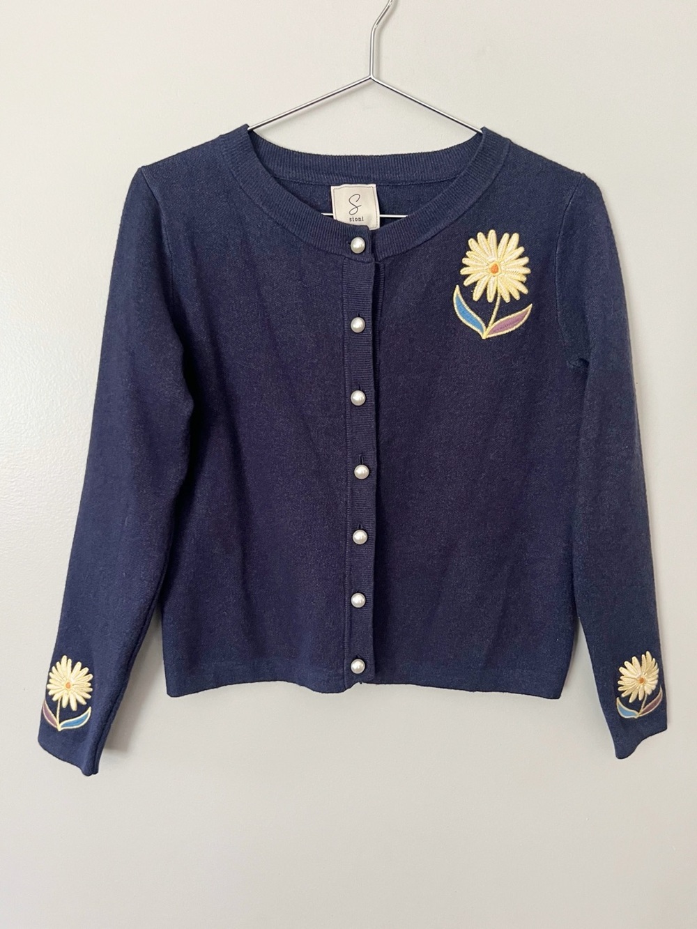 Sioni Navy Blue Embroidered Cardigan XS Floral Pearl Buttons Chic Preppy